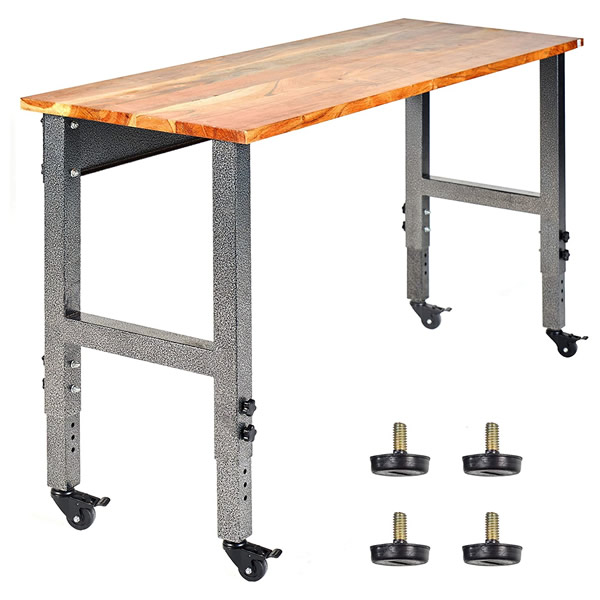 Fedmax Work Bench - Acacia Wood Garage Workbench w/Casters - Tool Table w/Adjustable Height Legs